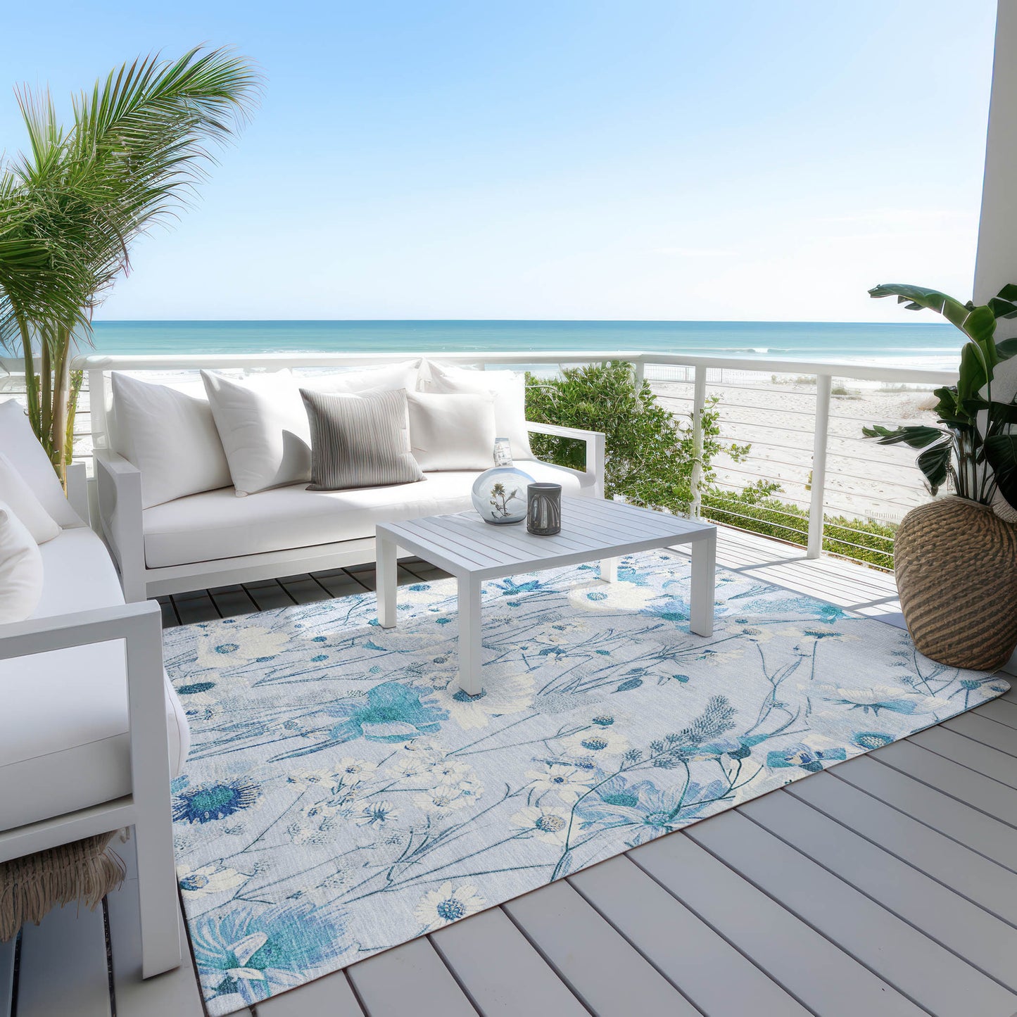 5' X 8' Sky Blue And Denim Blue Floral Washable Indoor Outdoor Area Rug-6