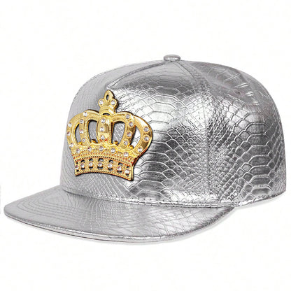 Crown Metal Label Hip Hop Hat European And American PU Leather Flat Eaves Cap